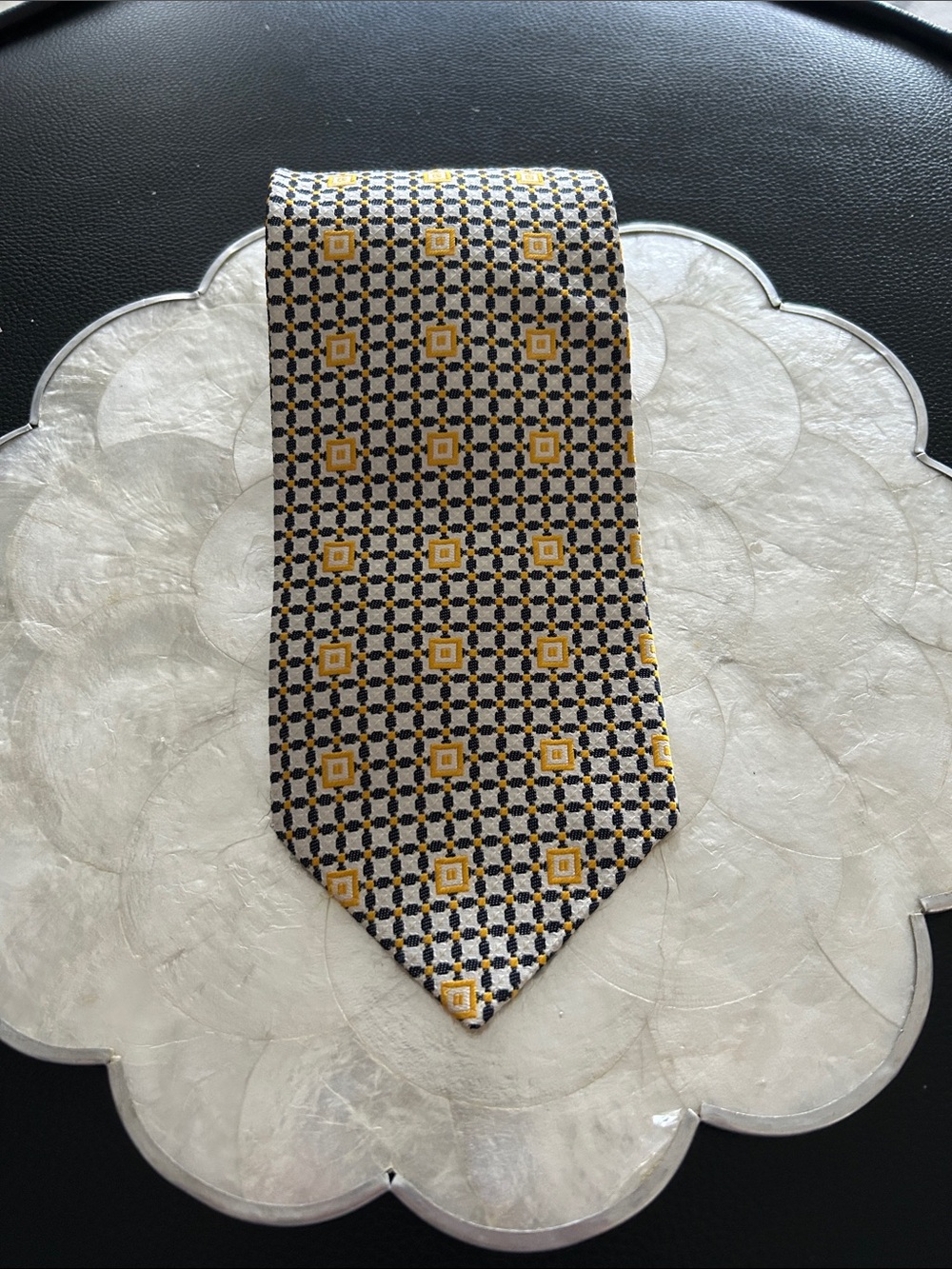 Yves Saint Laurent Yellow and Navy Geometric Silk Tie